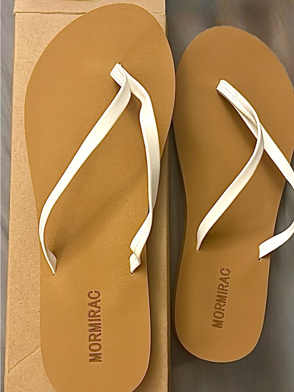 Women's Tan Flip Flop Sandals with White Straps